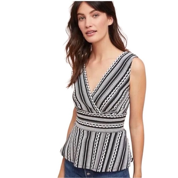 Anthropologie Tops - Anthropologie Vanessa Virginia Black and White Faux Wrap Peplum Tank Top